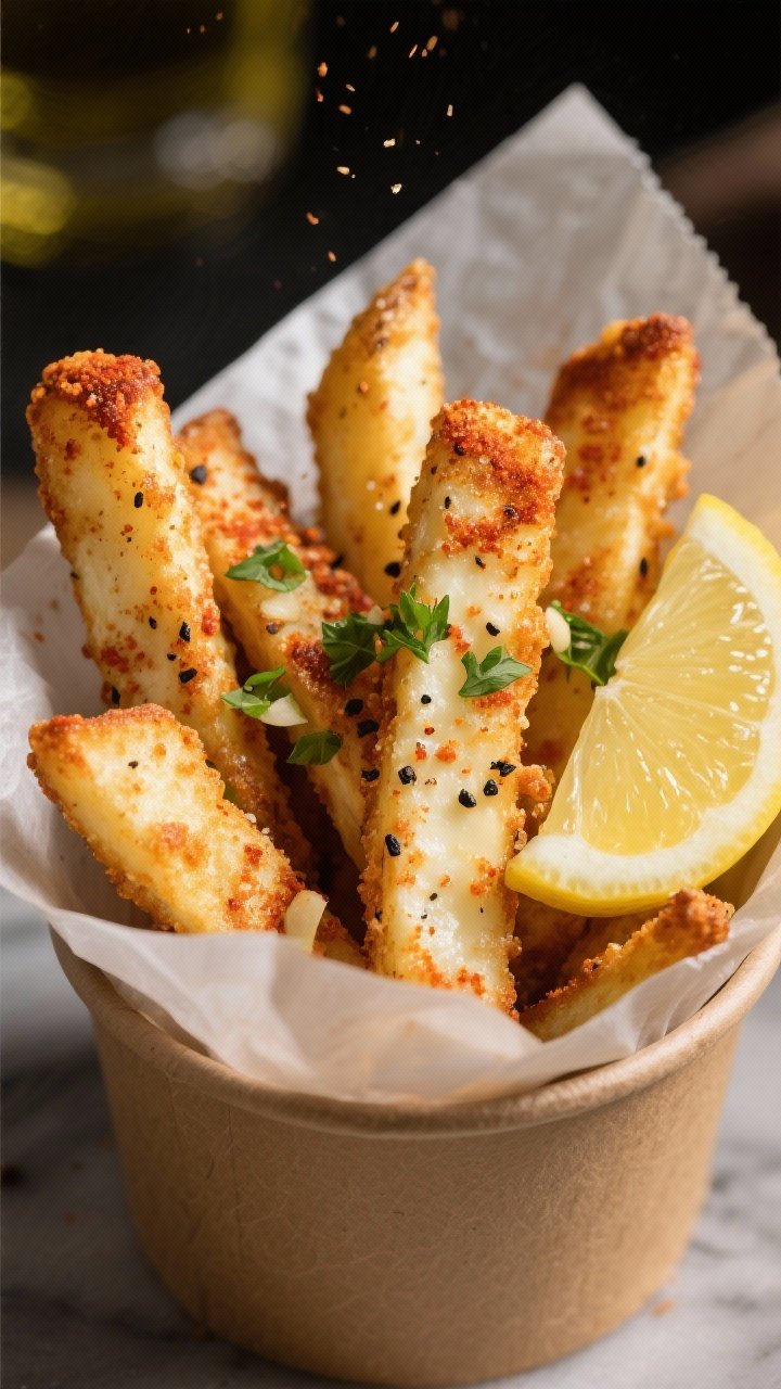 Close-up of crispy halloumi fries: thick fry-shaped sticks coated in cornstarch, paprika, and garlic powder, fried to a blistered, golden crust, black pepper flecks visible. Served in a parchment-lined cup with lemon wedges and a sprinkle of chopped parsley “lemon-herb dust” over the top. Olive oil spray misted sheen, tight focus on bubbly cheese texture and sharp edges.