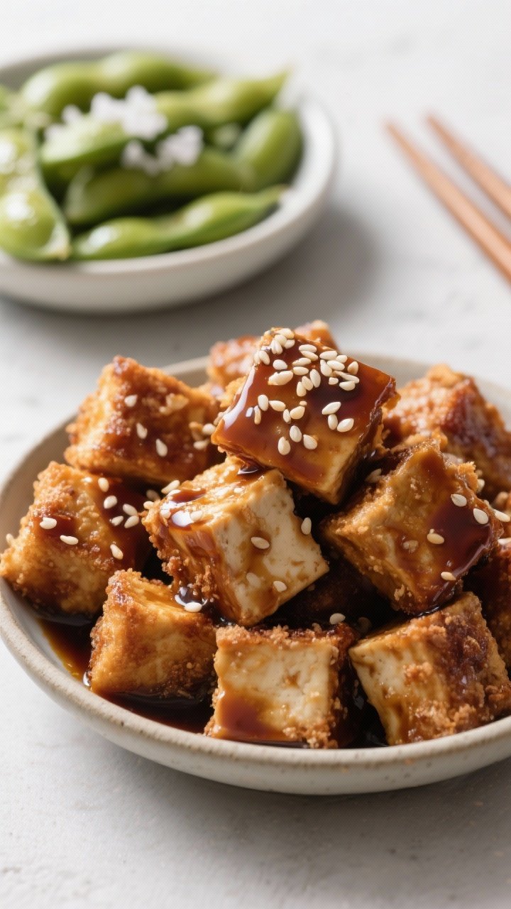 Close-up of crispy teriyaki tofu nuggets piled in a shallow bowl, edges craggy from cornstarch crisping, glazed with a sticky teriyaki sheen; sprinkled with sesame seeds and a dusting of white pepper; in the background, a side of glossy sesame edamame, with flakes of kosher salt; minimal, modern styling with chopsticks resting nearby.