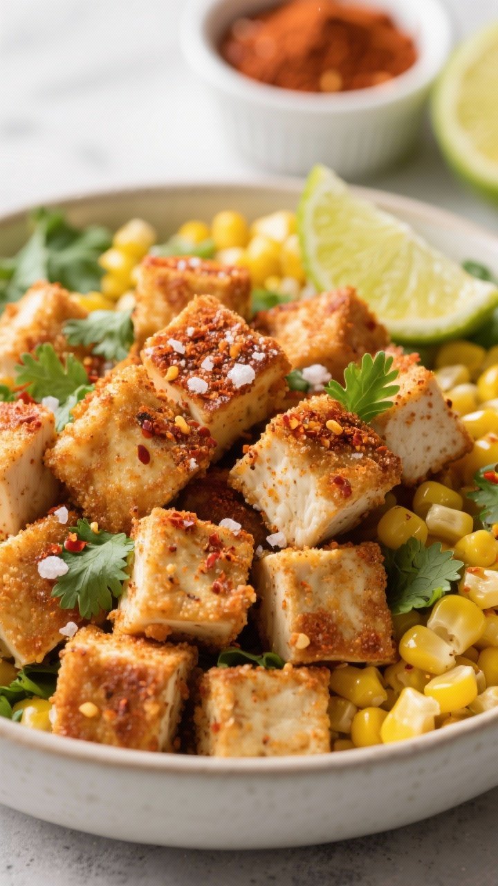 Close-up of crispy tofu cubes dusted with cornstarch, chili powder, garlic powder, smoked paprika, and salt, crackly and golden from the air fryer, piled into a power bowl with chili-lime corn (bright yellow kernels glistening with lime), scattered fresh cilantro, and lime wedges. Shot straight-on to emphasize crunch texture; shallow depth of field, with a small ramekin of chili powder and a lime half in the background.