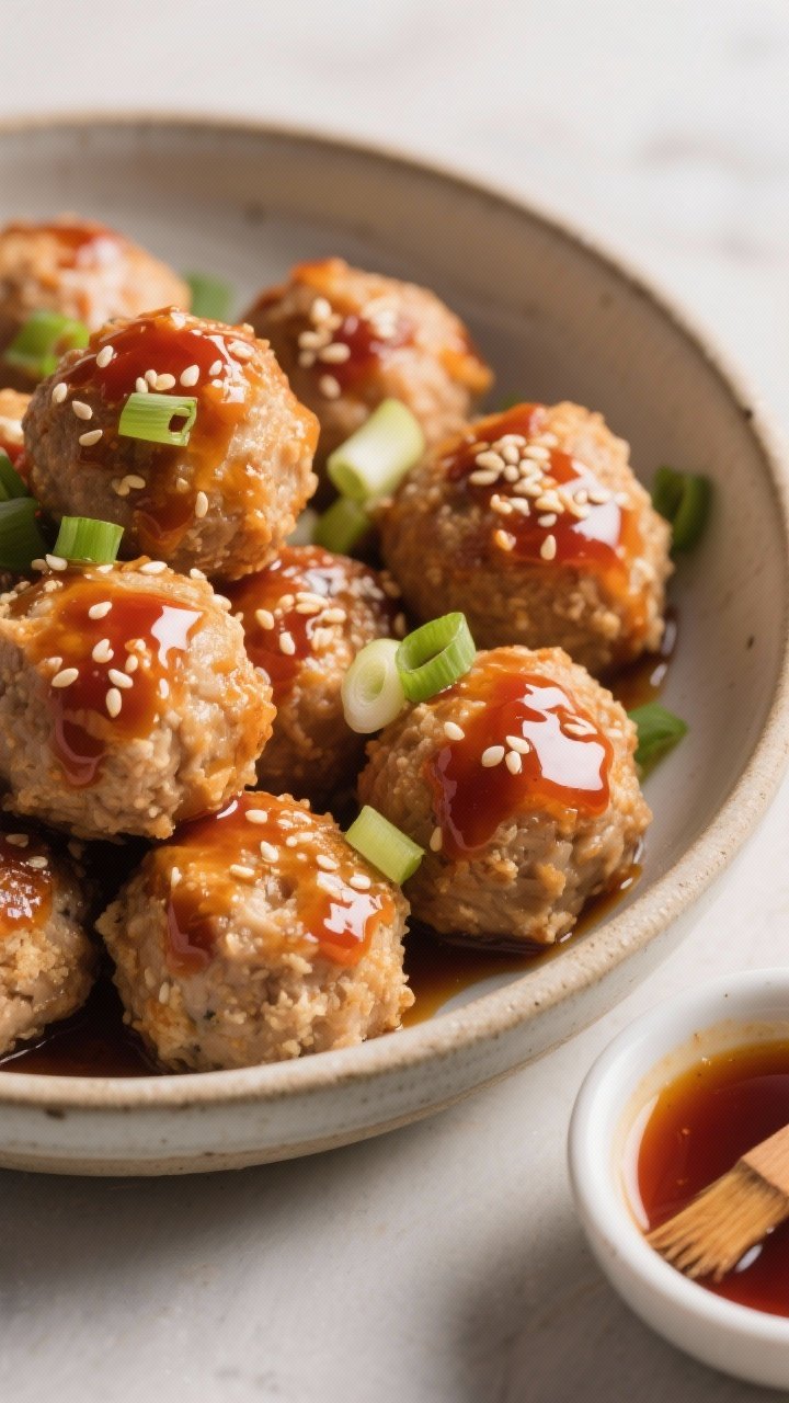 Close-up of honey sriracha chicken meatballs in a shallow ceramic bowl: glossy, sticky glaze clinging to plump meatballs made with ground chicken, panko, milk, egg, soy sauce, ginger, and grated garlic; sesame seeds and sliced scallions on top. A small dish of extra sauce to the side, brush marks visible. Soft directional light to emphasize sheen and juiciness; shallow depth of field.