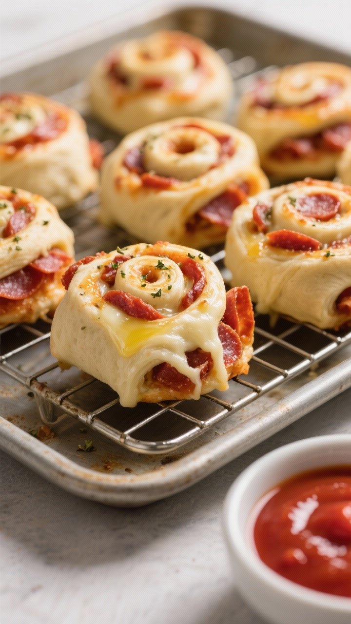 Close-up of pepperoni pizza rolls with oozy mozzarella: spiraled pinwheels made from refrigerated pizza dough, cheese visibly melting and stretching, chopped pepperoni nestled in the swirls, a light brush of olive oil on top, and a sprinkle of Italian seasoning. Arranged on a wire rack over a sheet pan, with a side bowl of warm pizza sauce for dipping, tomato-red highlights popping against a neutral backdrop.