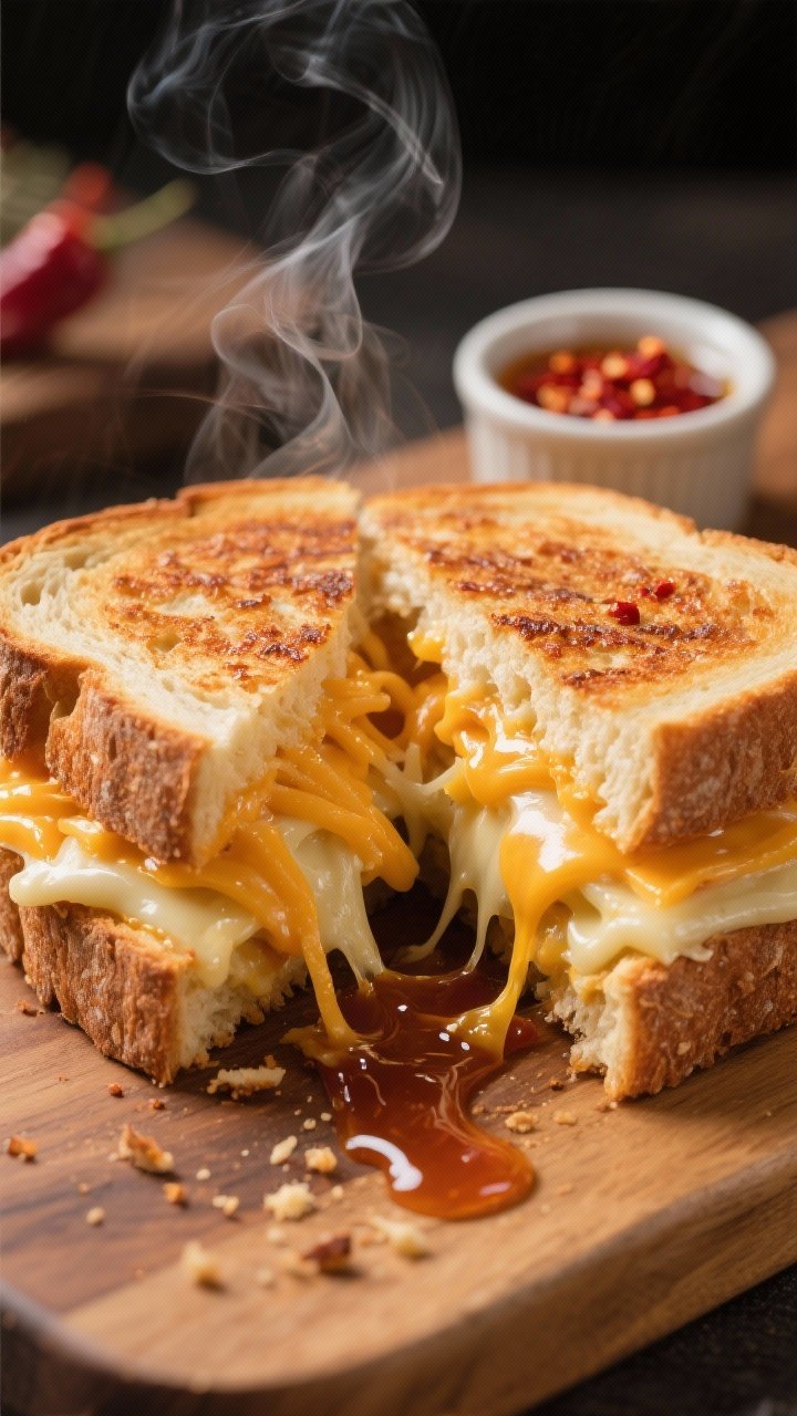 Close-up, straight-on hero shot of an air-fryer toasted sourdough sandwich cut on the diagonal, oozing a triple blend of shredded sharp cheddar, low-moisture mozzarella, and Gruyère; glistening buttered-and-mayo-crisped crust with audible-looking crunch; a glossy chili honey drizzle cascading over the cut edge; steam rising, cheese pull visible, crumbs on a warm-toned wooden board; small ramekin of chili honey and a sprinkle of red chili flakes in the background, no people.