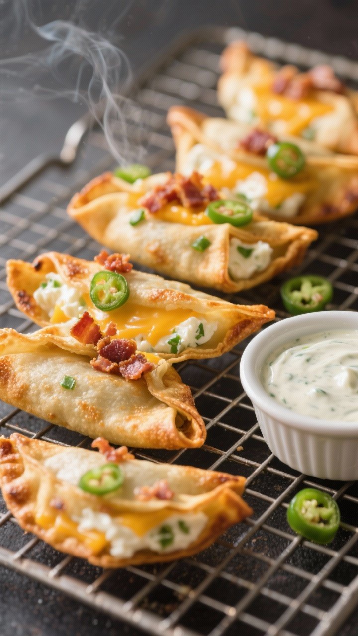 Close-up, straight-on of jalapeño popper wontons arranged in a staggered line on a cooling rack: blistered, golden wonton wrappers showing creamy filling of softened cream cheese and sharp cheddar; tiny green flecks of minced jalapeño visible in the seams; optional crumbled bacon sprinkled over a few pieces; a dipping ramekin of cool ranch on the side; shallow depth of field to highlight texture and steam.
