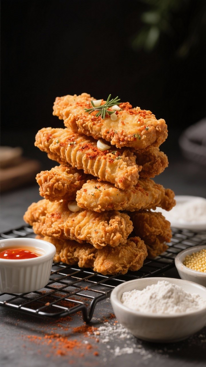 Close-up straight-on of KFC-style extra crispy air fryer chicken tenders stacked on a wire rack: deeply ridged, paprika-tinted crust with visible flecks of dried thyme, garlic powder, and onion powder; a small bowl of buttermilk with a hint of hot sauce sits beside the dredging bowls of flour and cornstarch; dramatic side lighting to emphasize crunch, served with a dipping sauce ramekin.