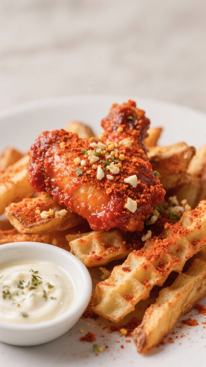 Close-up, straight-on shot capturing a “wing-style” dry Buffalo Ranch crumble on waffle fries: a vivid red-orange spice coating (paprika, cayenne, garlic and onion powder, ground mustard), with a tangy hit suggested by a small dish of white vinegar and a sprinkle of dried ranch seasoning crumbles on top. The fries look ultra-crisp and matte-dry (no wet sauce), with fine spice dust visible on the ridges. Neutral background, tight focus on texture and seasoning granules.