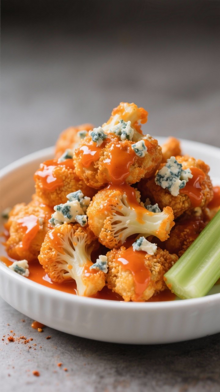 Close-up, straight-on shot of budget Buffalo cauliflower bites stacked in a shallow white bowl, ridged batter made from flour, water, garlic powder, paprika, salt, and pepper, lacquered in bright orange Buffalo sauce; garnished with crumbled blue cheese scattered over the top and a few celery sticks peeking in at the edge of frame; glossy highlights and a few sauce drips for irresistible, sticky heat.