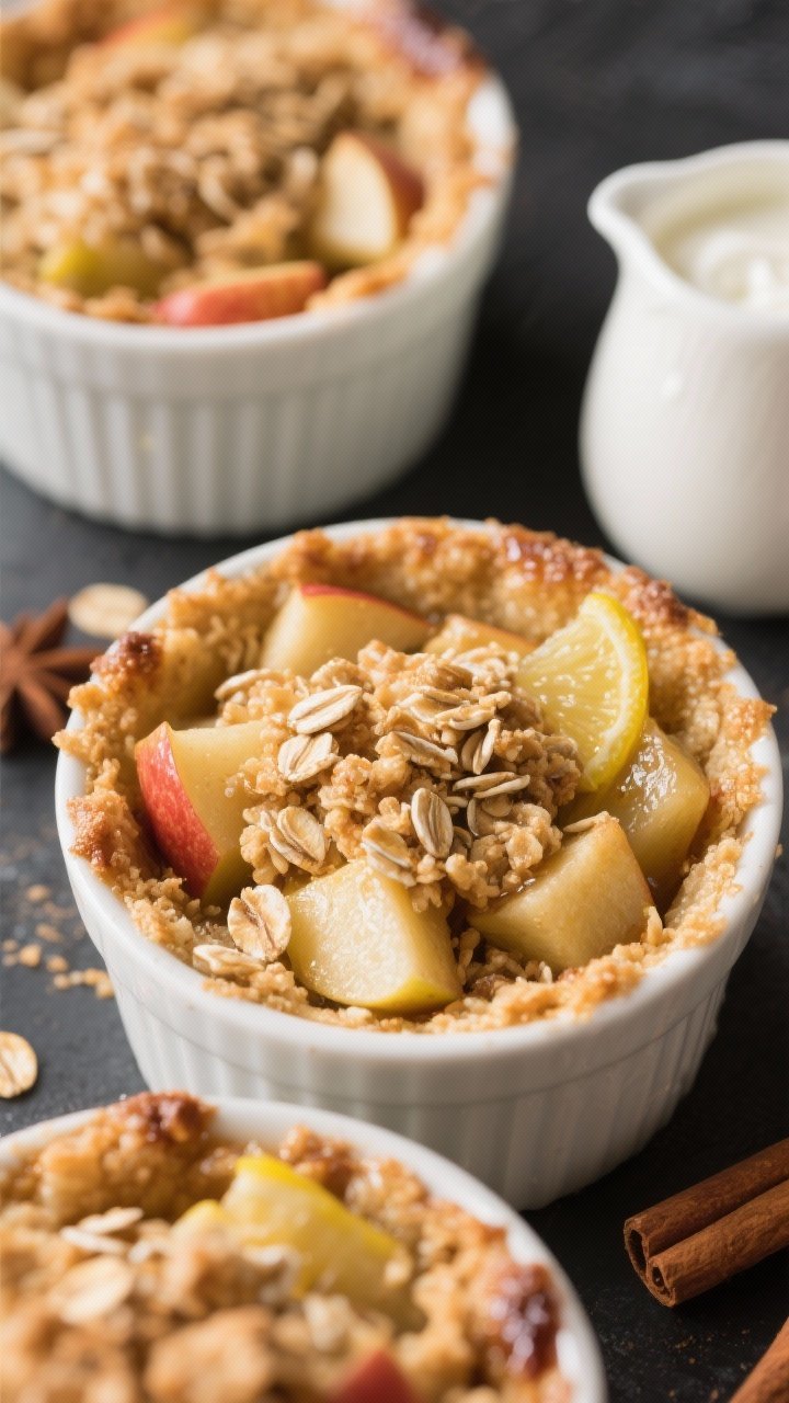 Close-up, straight-on shot of cinnamon apple oat crumble cups in individual ramekins: diced apples glistening with lemon juice, cinnamon, nutmeg, maple syrup, and vanilla, topped with a toasty oat crumble. Golden-brown, with edges bubbling, a light dusting of cinnamon on top. A small pitcher of yogurt or vanilla skyr nearby for breakfast-to-dessert versatility.