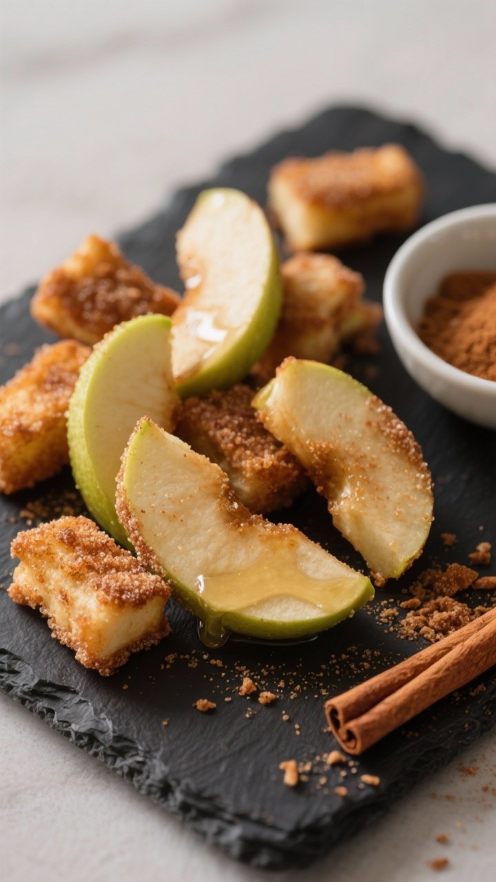 Close-up, straight-on shot of cinnamon-sugar apple churro bites: chunky Honeycrisp or Granny Smith wedges coated in melted butter, sugar, brown sugar, and ground cinnamon, edges slightly caramelized; a small bowl with extra cinnamon sugar to the side; crumbs on a dark slate board; cozy dessert warmth with soft highlights.