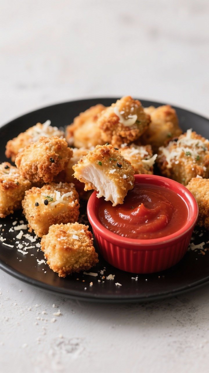 Close-up, straight-on shot of crispy chicken parm bites with two-minute marinara dip: 1-inch chicken breast chunks breaded via flour, beaten eggs, and seasoned with kosher salt, black pepper, and Italian seasoning, air-fried to deep golden with melted Parmesan flecks (use “parm” breadcrumb mix look). A glossy ramekin of bright red marinara in front, with crumbs on a matte black plate. Capture juicy interior in a bitten piece, crisp exterior emphasized.
