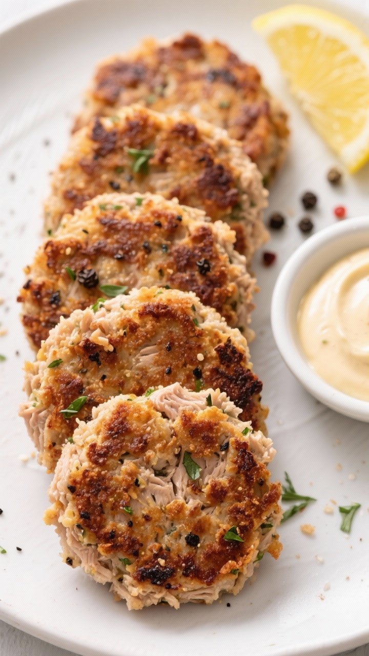 Close-up, straight-on shot of five-ingredient crispy tuna cakes: two patties with deeply browned, craggy crusts, flecks of black pepper and herbs from lemon-pepper seasoning visible. Ingredients include canned tuna, breadcrumbs/crushed crackers, egg and/or mayo binder. Lemon wedge and cracked pepper on the plate, with a small bowl of tangy mayo dip; shallow depth of field emphasizes crisp exterior.