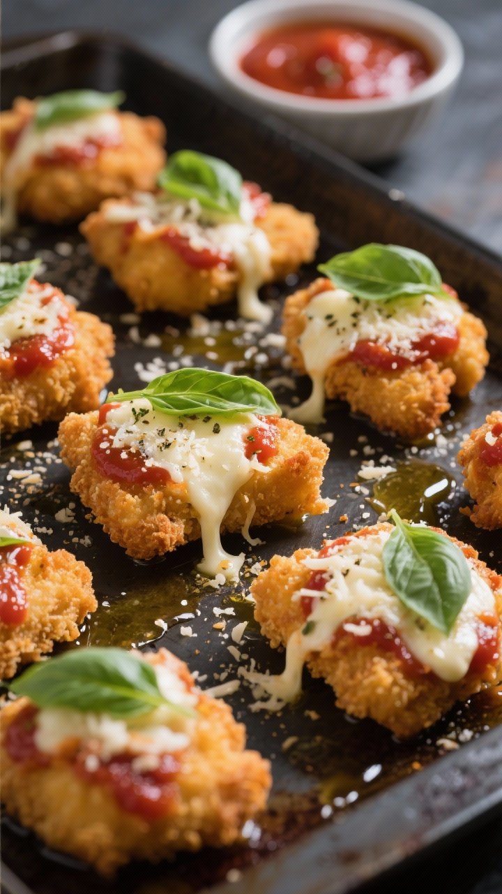 Close-up, straight-on shot of golden chicken parm bites: crispy frozen chicken nuggets topped with warm marinara, bubbling shredded mozzarella, grated Parmesan, and a sprinkle of Italian seasoning, finished with fresh basil ribbons. Nuggets arranged on a dark sheet pan brushed with olive oil, cheese pull visible, sauce glistening, with a small bowl of marinara in the background.