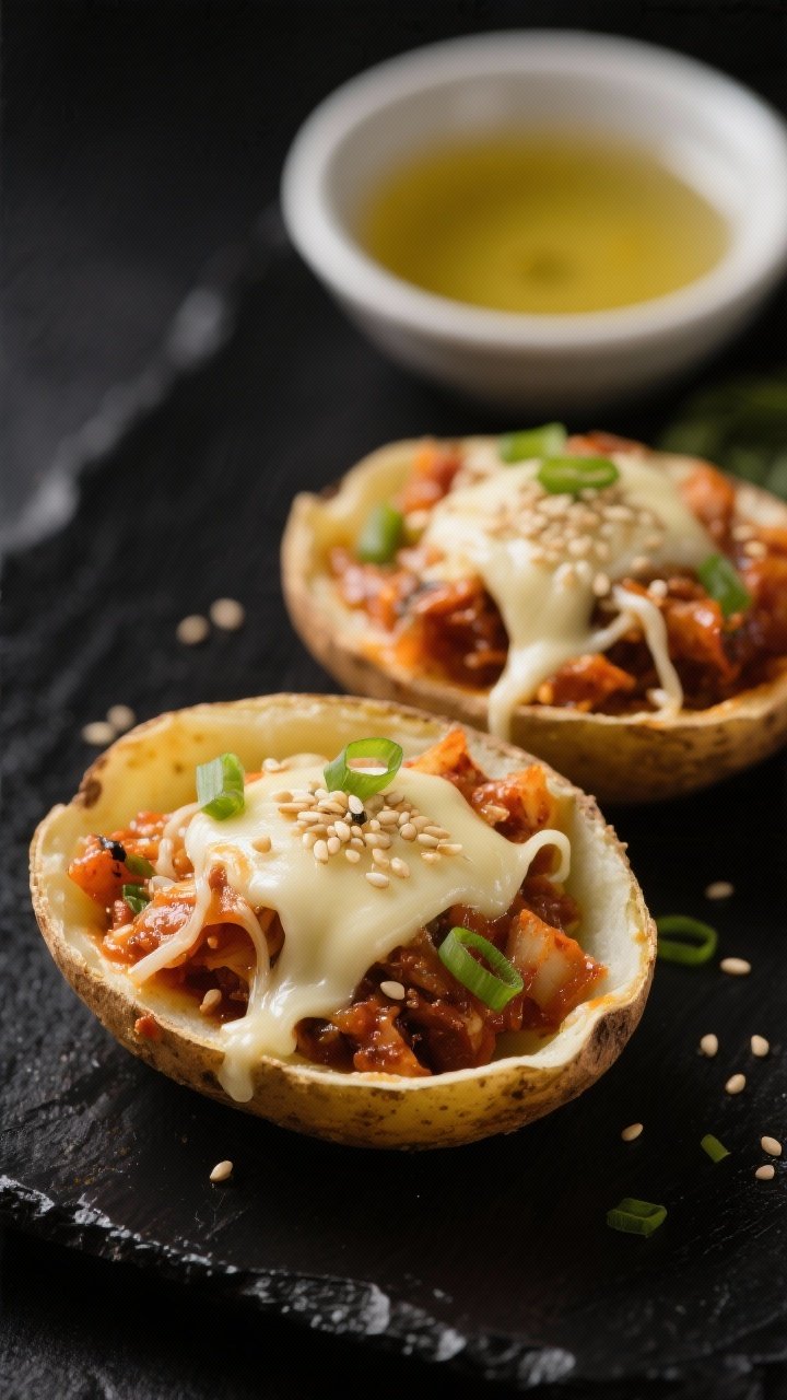 Close-up, straight-on shot of kimchi “loaded” skins: crisp salted potato shells filled with well-drained chopped kimchi and gooey, browned low-moisture mozzarella, threads of cheese stretching; topped with toasted sesame seeds and thinly sliced scallions; a small dish of sesame oil in the background; high-contrast, modern Korean-inspired styling on matte black.