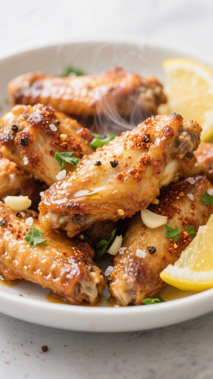 Close-up, straight-on shot of super-juicy garlic lemon wings piled in a shallow white bowl; skin is taut and rendered, with micro-bubbles from a baking powder dry-coat; seasoning flecks of kosher salt, black pepper, garlic powder, and paprika visible; a glossy finish from melted butter, minced garlic, and fresh lemon juice, with thin lemon slices and chopped parsley for brightness; steam subtly rising; shallow depth of field to highlight crisp skin and juiciness.