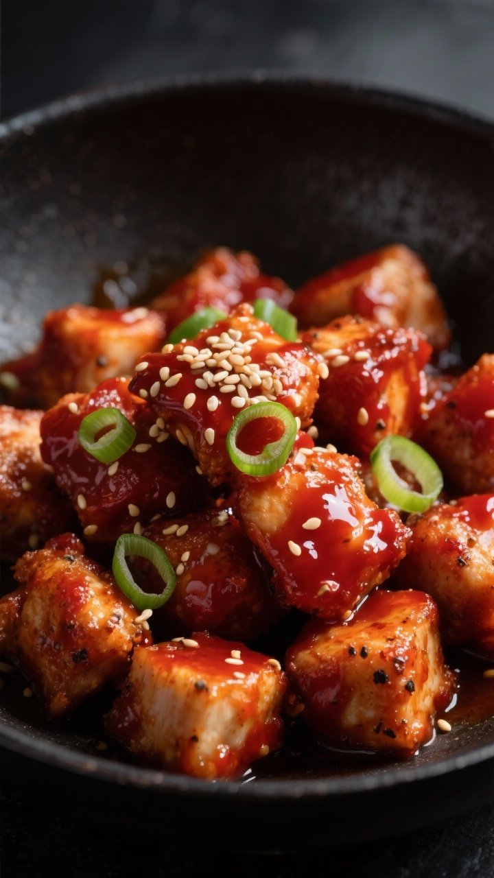 Close-up wok-style bowl shot of Korean gochujang chicken bites: 1-inch cubes lightly crisped with cornstarch, salted, and peppered, coated in a thick, sticky gochujang-based sauce that clings and glistens. Garnish with toasted sesame seeds and fine scallion rings; a light mist of avocado oil sheen visible. Dark ceramic bowl, moody lighting to emphasize lacquered texture and vivid red hue.