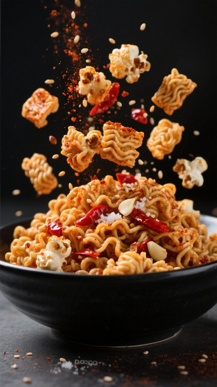 Dynamic 45-degree action shot of spicy ramen “popcorn” noodles: broken ramen pieces air-fried to puffed, curly crispness, tossed with oil, chili powder or gochugaru, garlic powder, a touch of sugar, and salt. Served in a black bowl with sesame crunch garnish; stray seasoning dust visible; high-contrast lighting to highlight ridged texture and red-chili hue.