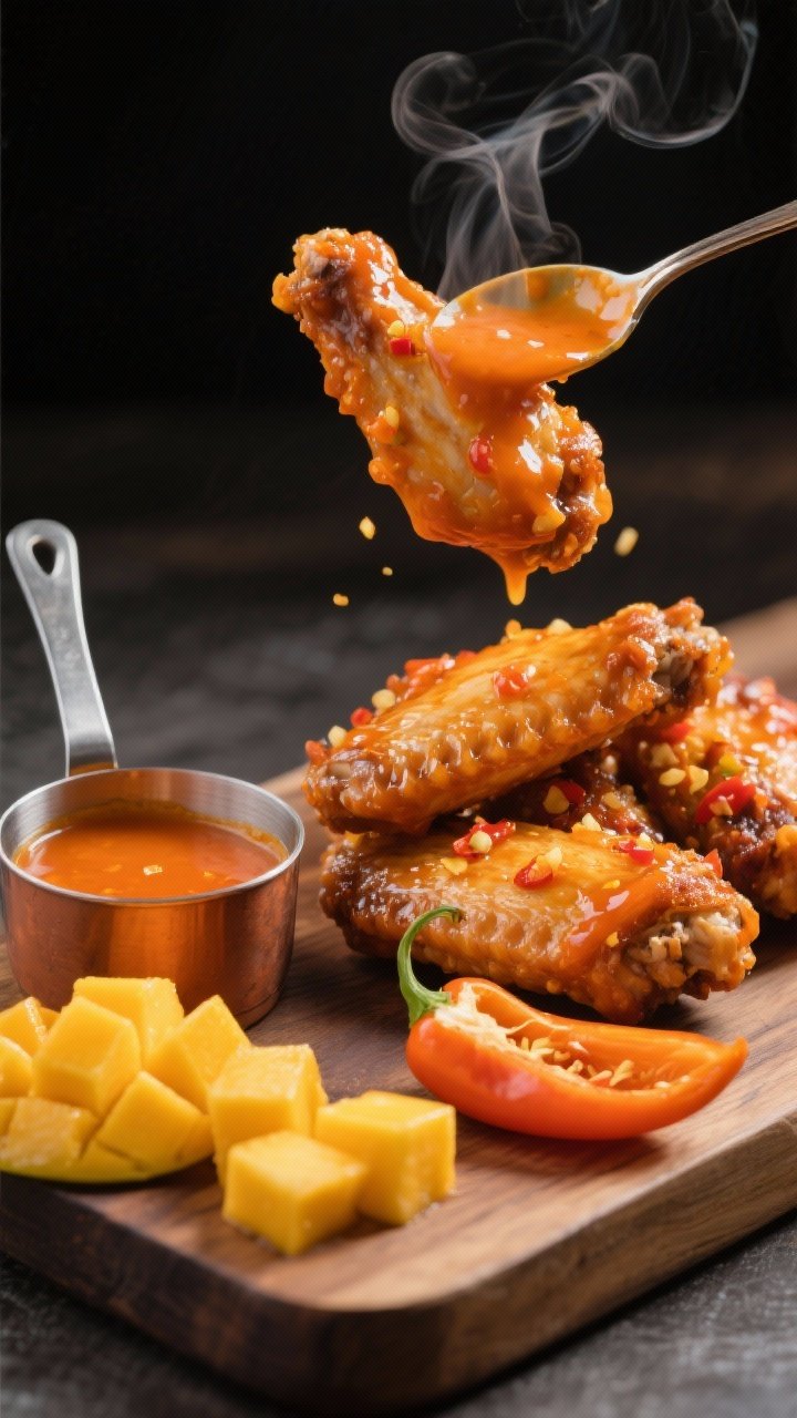 Dynamic 45-degree action shot of wings being glazed with a bright orange mango habanero sauce: thick mango puree coating the crisp skin, visible minced habanero flecks. A small saucepan of mango puree with a spoon trail, a split habanero pepper, and a few mango cubes on a wooden board. High-contrast lighting to capture glossy heat and tropical vibrancy, steam faintly rising.