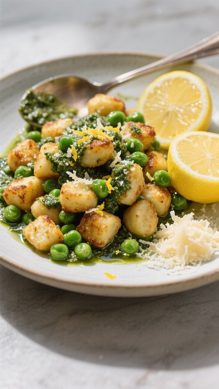 Dynamic 45-degree angle of crispy gnocchi with pesto peas and lemon: blistered golden gnocchi tossed with bright green frozen peas, glossy basil pesto, lemon zest confetti, and a squeeze of lemon juice, finished with grated Parmesan. Served in a wide shallow bowl with a spoon trail through the pesto, a halved lemon and a small mound of Parmesan nearby, emphasizing texture contrast.