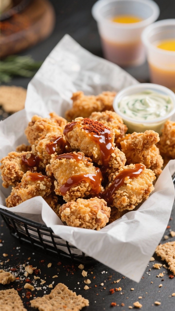 Dynamic 45-degree angle shot of BBQ ranch popcorn chicken: bite-size chicken pieces coated in a dredge of flour, salt, pepper, paprika, dipped in beaten eggs, then crusted with crushed crackers for extra craggy texture, air-fried to golden perfection. Tossed lightly with BBQ sauce and a drizzle of ranch, served in a parchment-lined basket, with extra dipping cups in the background.
