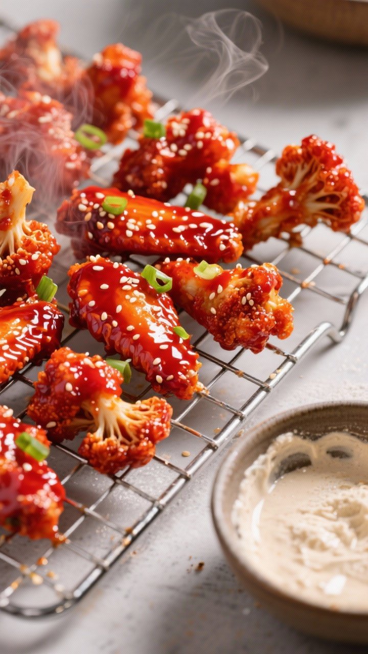Dynamic action overhead: Sticky gochujang cauliflower “wings” just tossed—lacquered florets glistening in a glossy red glaze over a wire rack, steam faintly rising. In the corner, a bowl with remnants of the light batter base (all-purpose flour, cornstarch, baking powder, garlic powder, salt) thinned with cold seltzer shows the airy texture. Garnished lightly with sesame seeds and scallion slivers for contrast; bold, saturated lighting to make the spicy red pop.