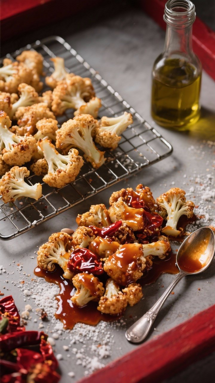 Dynamic process shot at 45 degrees of sticky-chili cauliflower with a secret crunch glaze: small florets tossed in cornstarch, garlic powder, kosher salt, and white pepper, just glazed with chili crisp and a glossy chili sauce. Show half the florets still dry-crisp on a wire rack and the other half gleaming with the sticky coating, with a drizzle trail of sauce and a spoon resting nearby. Neutral oil bottle in frame; bold red highlights, moody contrast for sheen and crunch.