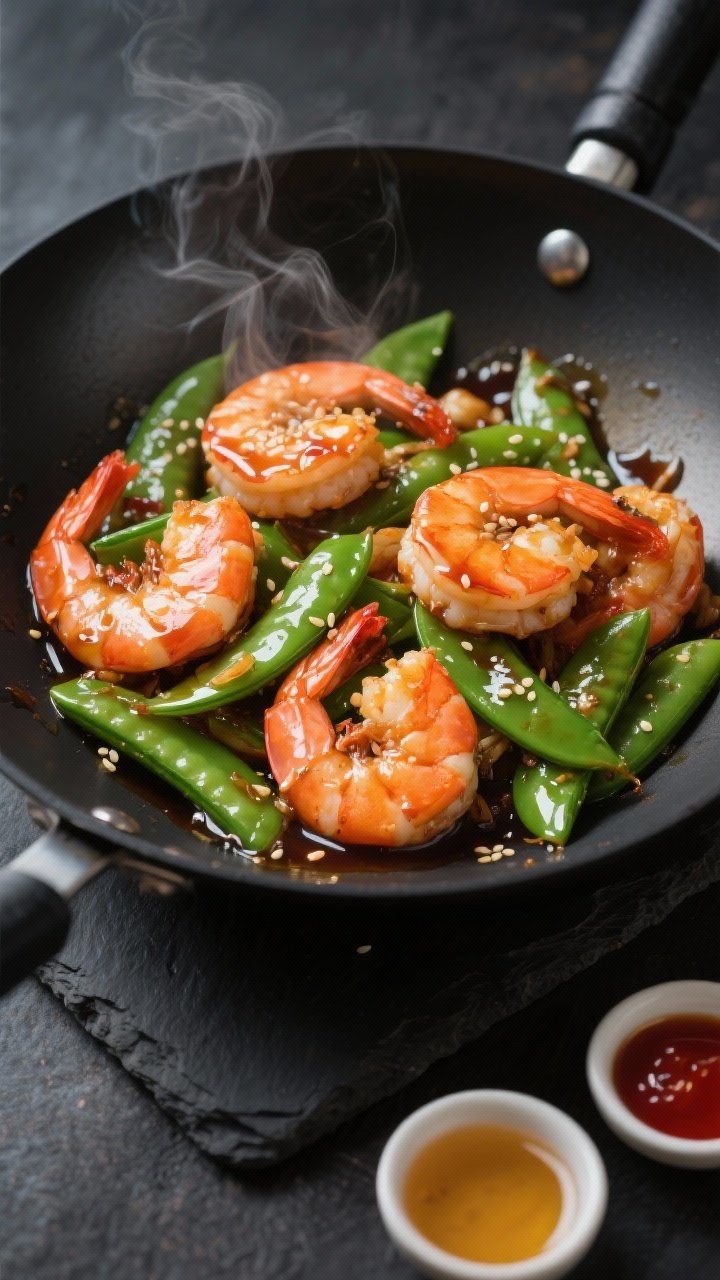 Dynamic wok-style overhead of sticky honey-soy shrimp with snap peas: glossy large shrimp lacquered in soy sauce, honey, rice vinegar, and a hint of sriracha, tossed with bright green sugar snap peas. Steam visible, sesame seeds optional, sauce pooling slightly for shine. Set in a matte black skillet on a dark slate to contrast the orange-pink shrimp and vivid peas; small bowls of soy sauce, honey, and sriracha clustered in the corner.
