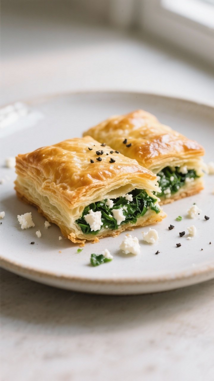 Elegant plated close-up: Golden, flaky puff pastry squares stuffed with a visible green and white filling of chopped spinach and crumbled feta, edges laminated and puffed, brushed with egg wash for a deep sheen. A light crack of black pepper on top, with a few loose feta crumbs and spinach flecks on the plate. Clean ceramic plate, soft window light, minimalist styling to emphasize buttery layers and creamy filling.