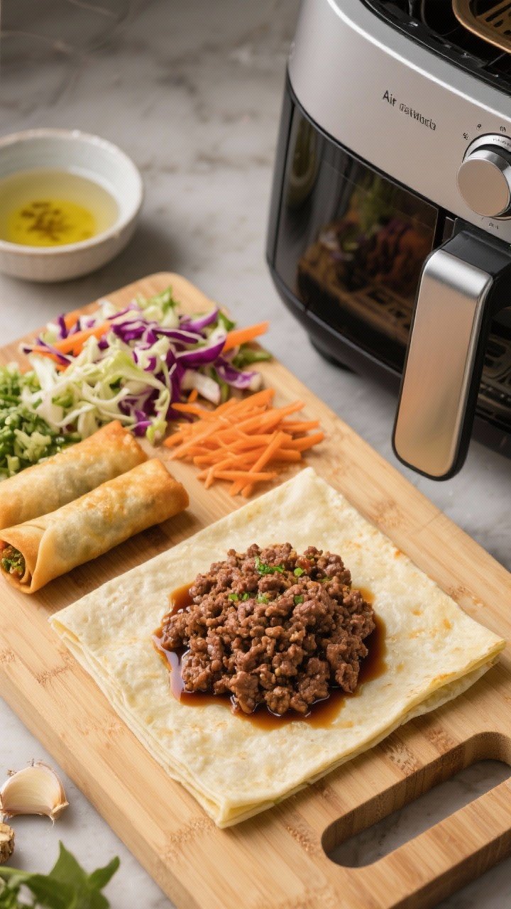 Ingredient prep flat lay for beef and veggie egg rolls: square egg roll wrappers, a mound of cooked ground beef mixed with soy sauce, oyster/hoisin, sesame oil, grated ginger, minced garlic, and colorful coleslaw mix (shredded cabbage and carrots), a small bowl of water for sealing, brushed with oil for extra crispness, arranged on a bamboo board beside an air fryer drawer, clean and organized.
