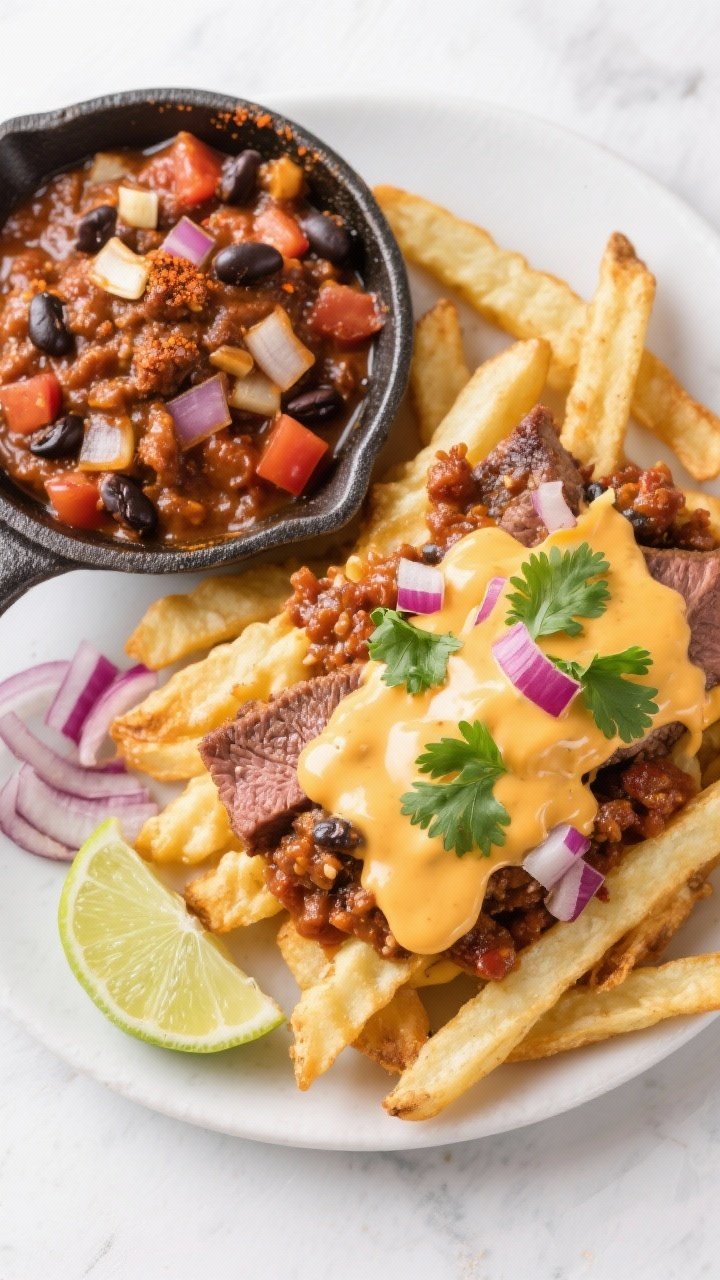 Ingredient-to-finish split-style overhead for Vegan chili-cheese fries: one side shows a small skillet of chunky vegan chili (olive oil-sautéed diced onion and garlic, chili powder, cumin, smoked paprika, black beans, diced tomatoes) thick and hearty; the other side shows golden steak/crinkle fries topped with the chili and a glossy, plant-based cheese sauce. Garnish with chopped cilantro and red onion, lime wedge nearby. Clean, modern styling emphasizing crunchy fries that stay crisp under sauce.