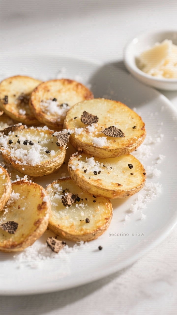 Minimalist close-up of truffle salt potato coins arranged in overlapping rounds on a white plate, air-fried to a deep golden with crisp edges; fine “pecorino snow” showered generously over the coins, black pepper specks and truffle salt crystals visible; side-lit to emphasize texture and the cheese’s feathery fall, with a small dish of extra Pecorino nearby.