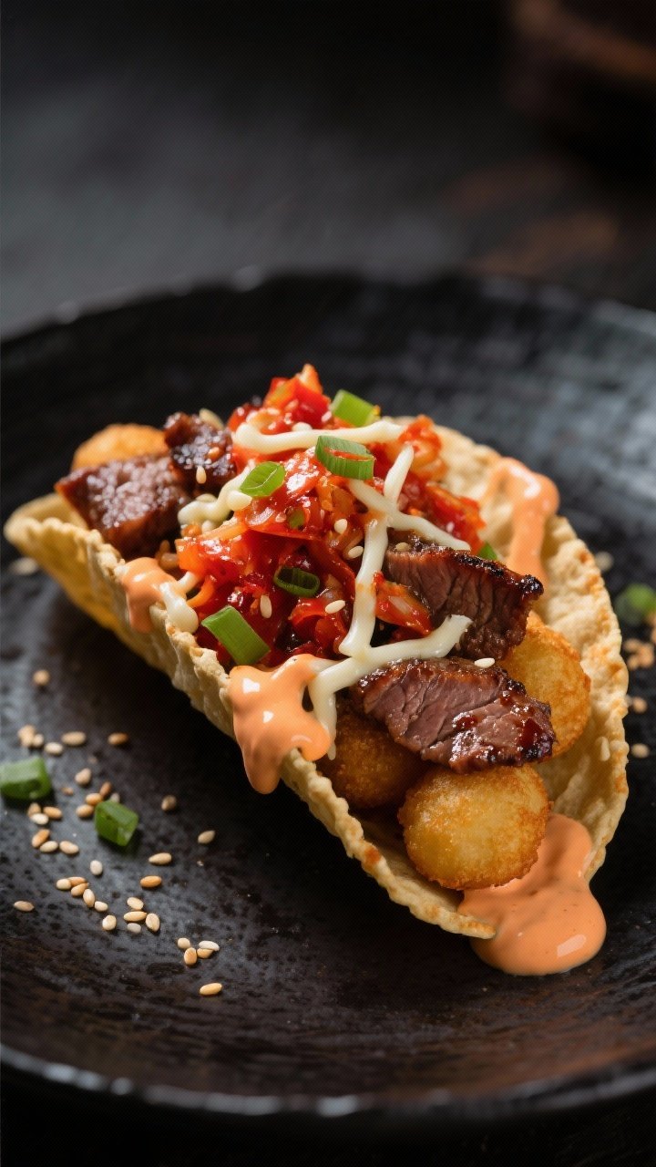 Moody 45-degree angle of Kimchi Bulgogi Tachos with Gochujang Aioli: caramelized edges of thinly sliced beef in glossy bulgogi marinade draped over a base of golden tots, crowned with chopped, vibrant-red kimchi and lightly melted low-moisture mozzarella threads. A pale-orange gochujang aioli drizzle adds sheen and spice; garnished with toasted sesame seeds and slivered scallions. Shot on dark ceramic with soft side lighting for rich contrast and depth.