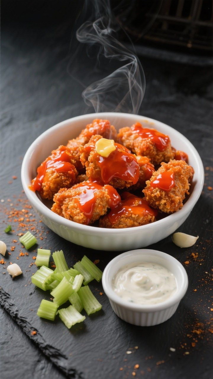 Overhead action shot: Buffalo-style chicken bites just out of the air fryer, tossed in a glossy sauce made from melted butter, Frank’s-style hot sauce, a touch of honey, and garlic powder. Serve in a white enamel bowl with a side scatter of finely chopped crunchy celery “ranchy” mix sprinkled over and around. Vibrant orange-red glaze, visible crisp breading, a ramekin of ranch in frame, on a dark slate surface for contrast, steam faintly rising.