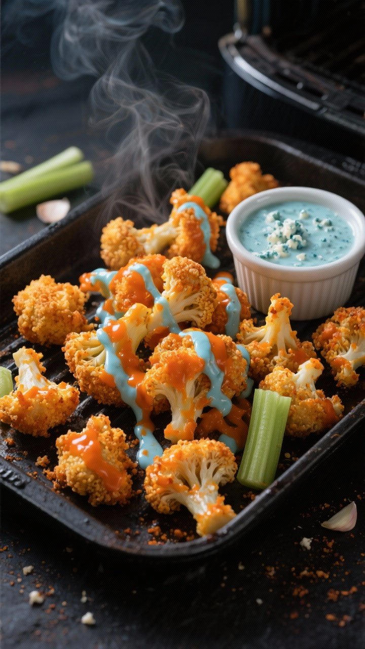 Overhead action shot of Buffalo cauliflower bites fresh from the air fryer on a dark sheet pan: golden, crisp panko-coated florets tossed in bright orange buffalo sauce, with a cool blue cheese drizzle zig-zagged over a few pieces; ramekin of extra blue cheese sauce on the side, scattered celery sticks, visible textures of cornstarch crisp, garlic powder flecks, and steam rising, moody stadium-snack vibe, no people.