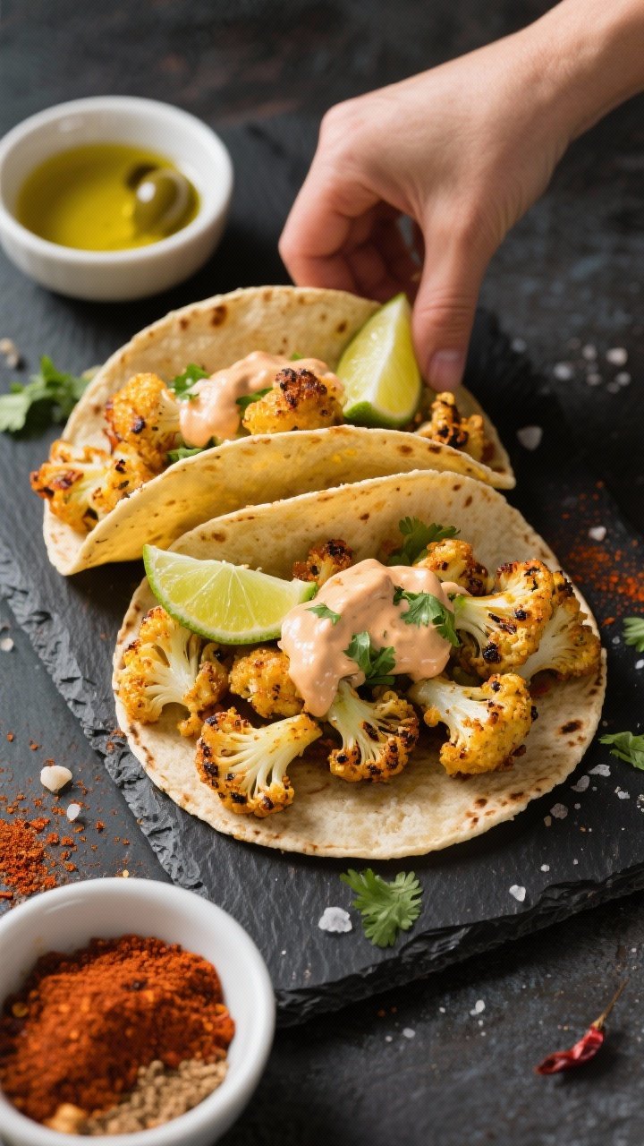 Overhead action shot of crispy air-fried cauliflower taco assembly on a dark slate board: charred, golden cauliflower florets dusted with smoked paprika, chili powder, cumin, garlic powder, and kosher salt piled into warm corn tortillas, drizzled with smoky lime crema, garnished with lime wedges and a sprinkle of cilantro; small bowls of spice blend and olive oil in frame, bright, zesty, street-taco vibe, high contrast, crisp textures.