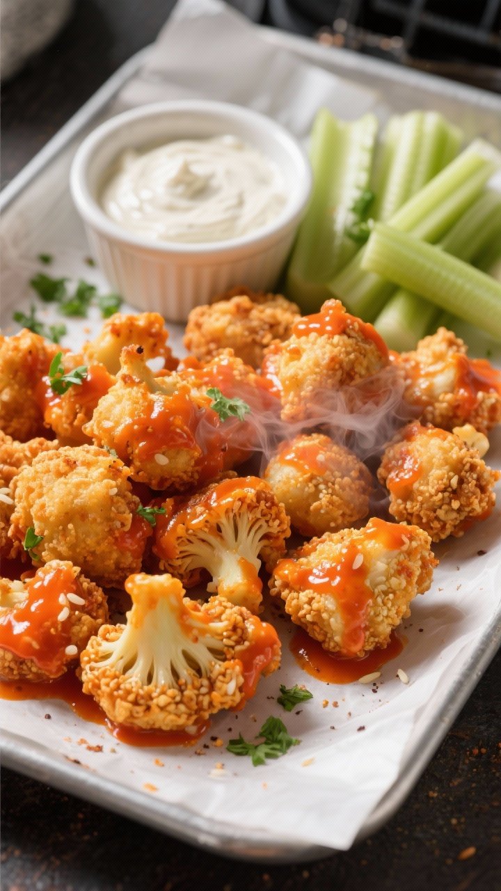 Overhead action shot of crispy buffalo cauliflower bites just out of the air fryer, tossed in glossy orange-red buffalo sauce. Golden, craggy rice-flour-and-cornstarch crust with visible flecks of garlic and onion powder. Served on a parchment-lined tray with a ramekin of creamy ranch, celery sticks, and scattered chopped parsley. Harsh sidelight to emphasize crunch, shallow depth to highlight texture, steam subtly rising.