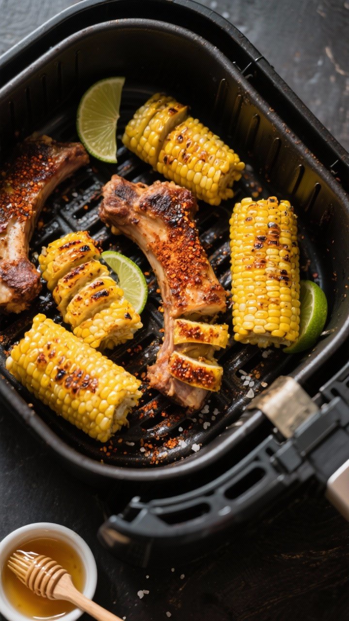 Overhead action shot of honey-lime chili corn ribs in the air fryer basket mid-cook, the quartered corn cobs curved and slightly charred, glistening with olive oil, chili powder, ground cumin, smoked paprika, and kosher salt. A small ramekin of warmed honey and a halved lime nearby, with a brush showing a glossy drizzle. Dark metal basket contrasts with bright yellow corn; high-contrast lighting to emphasize sizzle and caramelization.