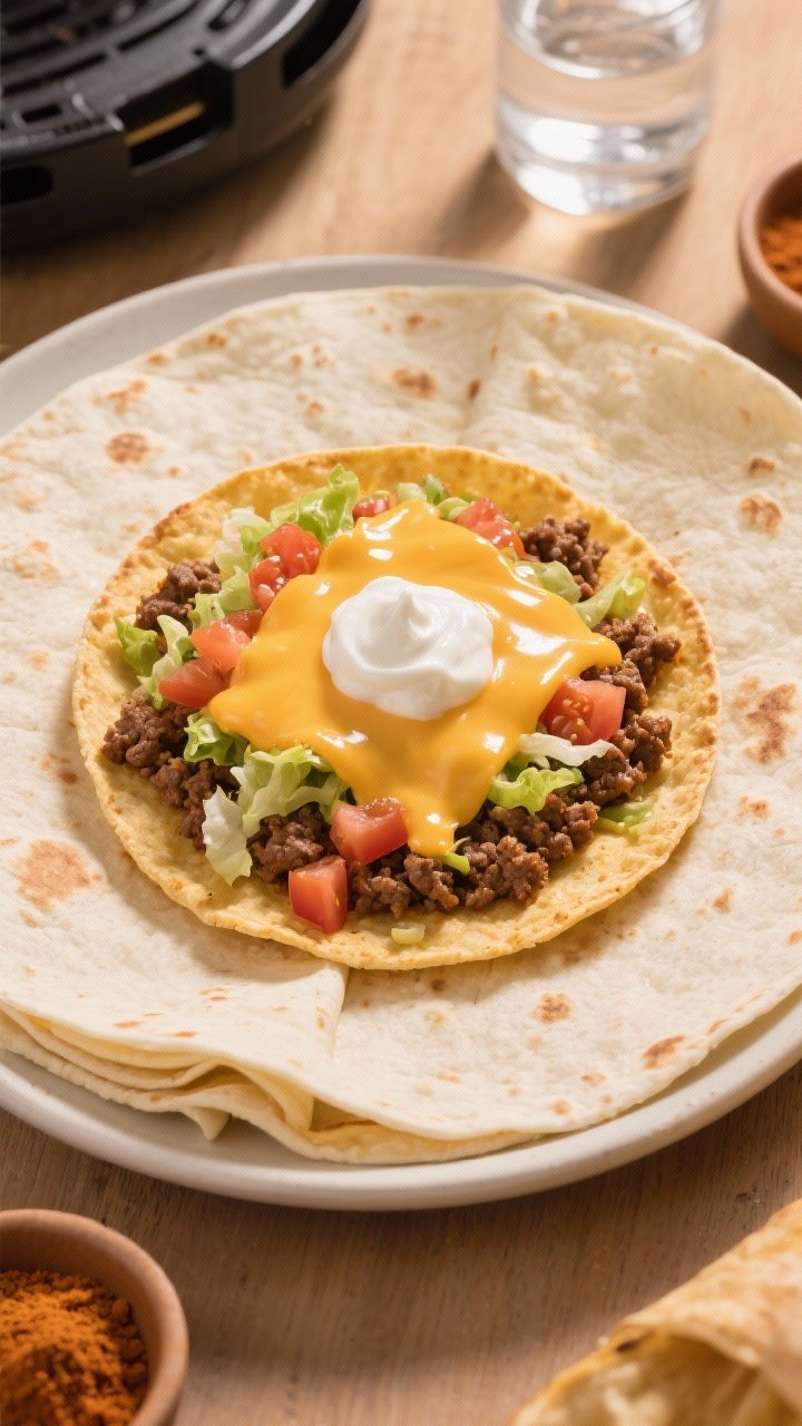 Overhead assembly shot of a Taco Bell Crunchwrap Supreme before sealing: large flour tortilla topped with seasoned ground beef, a crisp tostada shell centered, glossy nacho cheese, shredded lettuce, diced tomato, and a dollop of sour cream; folded edges partially tucked, ready for the air fryer; warm-toned styling with small bowls of taco seasoning and water nearby, clean lines and appetizing contrast.