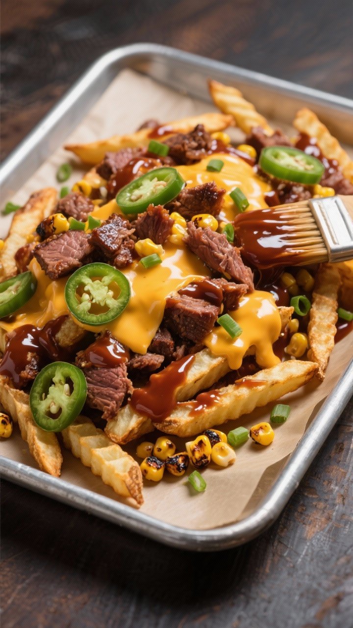Overhead BBQ brisket cheddar-jalapeño fries: crinkle fries loaded with chopped smoked brisket lacquered in BBQ sauce, rivers of melted sharp cheddar, and pickled jalapeño slices dotted throughout. Extra BBQ sauce swirl, a few charred corn kernels for texture, and a sprinkle of chopped scallions. Served on a parchment-lined metal tray with a small brush glazed in sauce; rich, smoky vibe with glossy highlights.