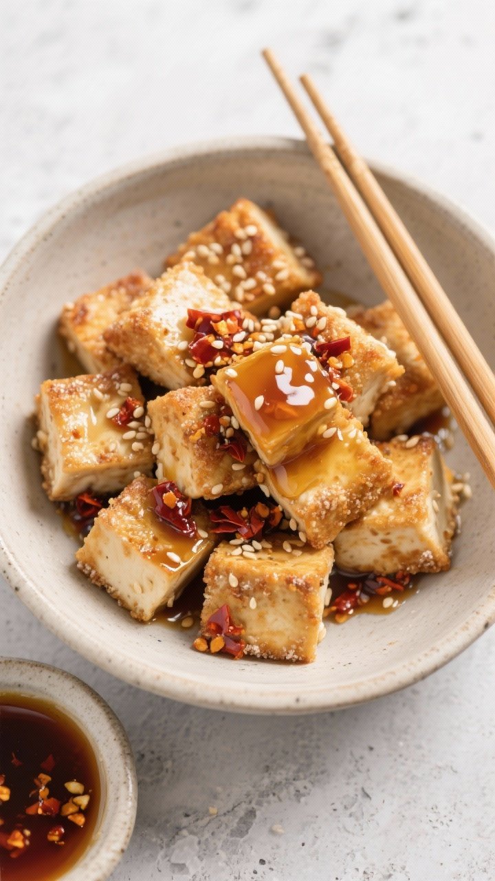 Overhead bowl shot of sesame-honey tofu nuggets with chili crunch: 1-inch extra-firm tofu cubes marinated in soy sauce/tamari, rice vinegar, and sesame oil, dredged in cornstarch and air-fried until crisp. Drizzle with glossy honey and spooned chili crisp on top, sesame seeds scattered. Include chopsticks resting on the rim and a small dish with extra sauce. Neutral ceramic bowl on light concrete for a modern, clean vibe.