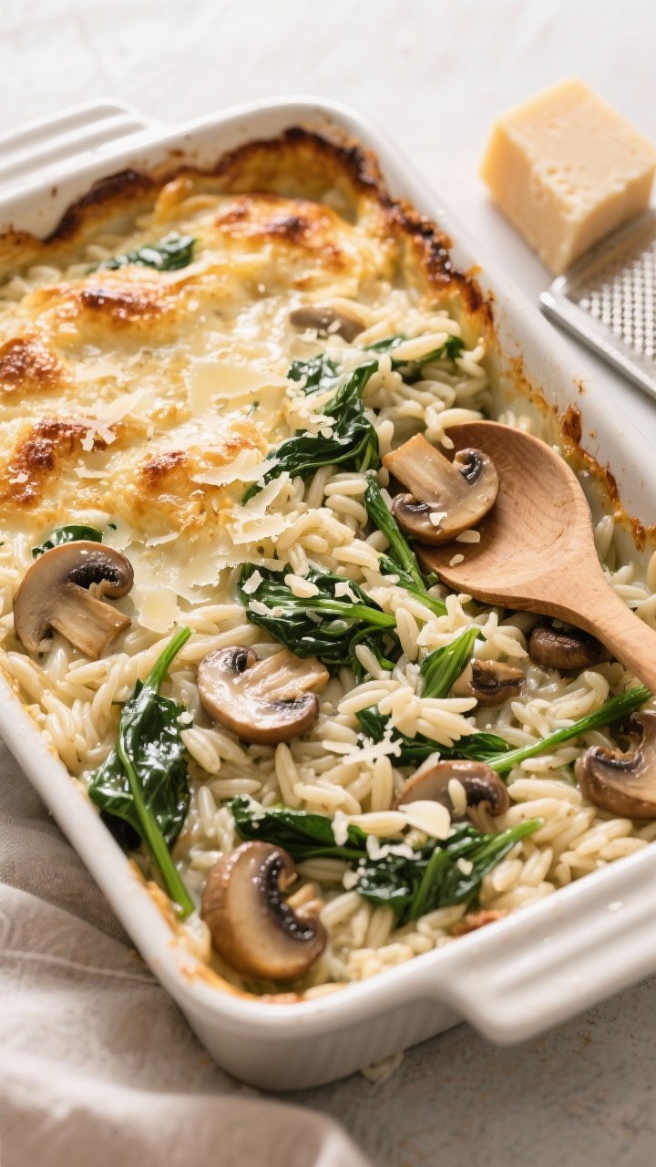 Overhead casserole shot of garlicky mushroom and spinach orzo “risotto” bake: creamy orzo swirled with sautéed cremini mushrooms and wilted baby spinach, glossy from butter or olive oil, flecked with minced garlic, finished with grated Parmesan melting into a golden, lightly broiled top; served with a wooden spoon, Parm wedge and microplane nearby, soft diffused light.