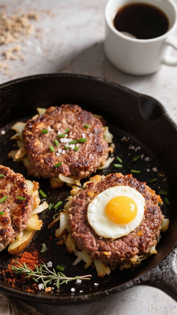 Overhead cast-iron scene of beef breakfast hash patties: round, crisp-edged patties made from ground beef, shredded russet potato, grated onion, egg, breadcrumbs, smoked paprika, dried thyme, and garlic powder, seared to mahogany brown, a runny-yolk fried egg optional on one patty, scattered chives and coarse salt, rustic morning light with a cup of black coffee in the corner.