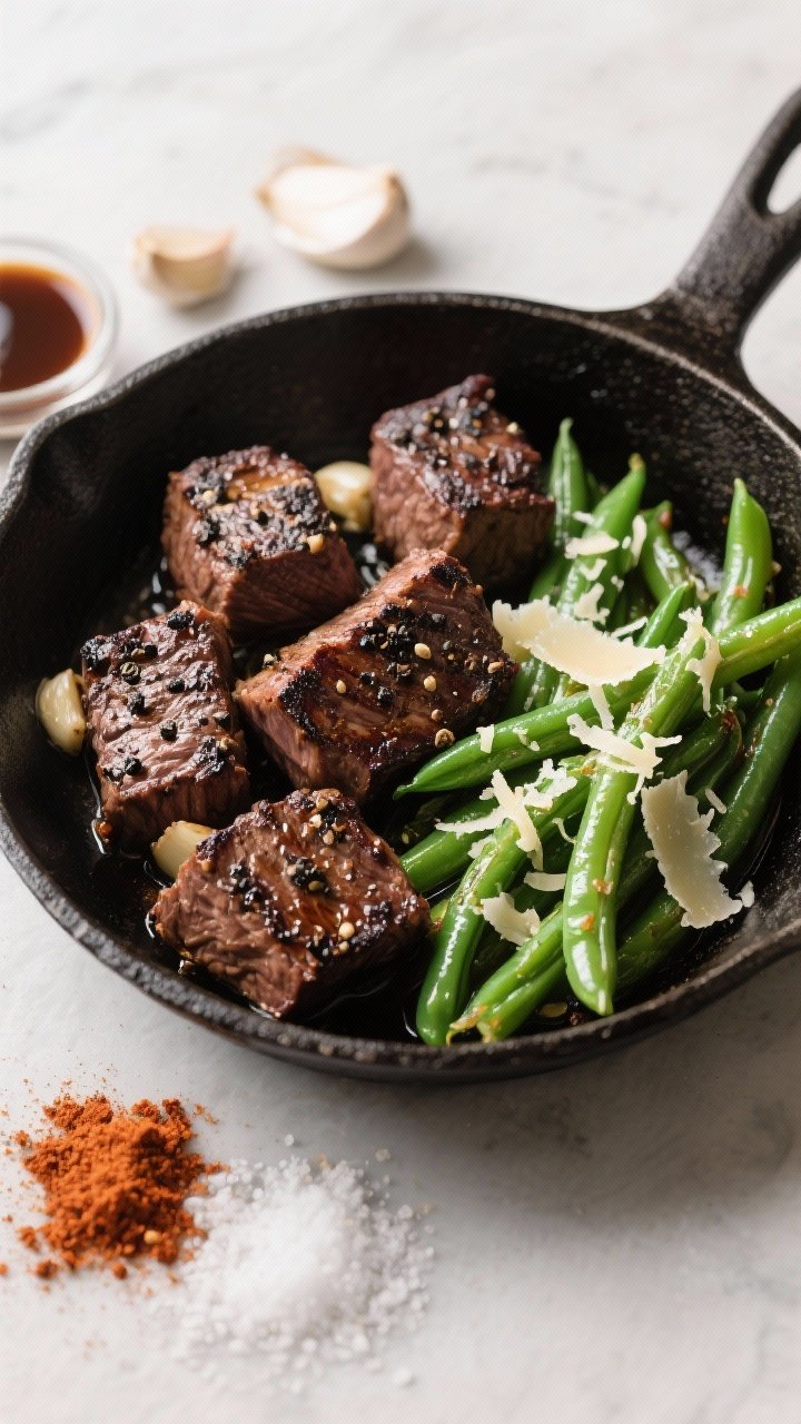 Overhead cast-iron skillet shot of pepper steak bites seared dark and juicy, the coarse black pepper crust visible; alongside bright garlic-Parmesan green beans with a light sheen of olive oil and grated Parmesan clinging to the wrinkles; seasonings like smoked paprika, garlic powder, Worcestershire, and kosher salt subtly staged in pinches around the skillet for a bold, bistro feel.