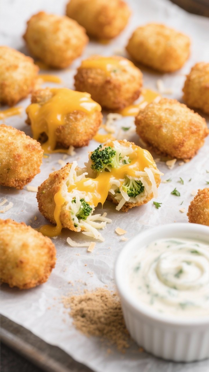 Overhead close crop of cheesy broccoli tater tots arranged in neat rows on a parchment-lined sheet, edges crisp and golden; the interior visible in one broken open tot showing shredded hash browns, finely chopped broccoli, melted cheddar, and flecks of Parmesan bound with egg; a small ramekin of ranch dust for sprinkling and a creamy ranch dip swirled with herbs; bright, clean light to highlight texture and cheese pull.