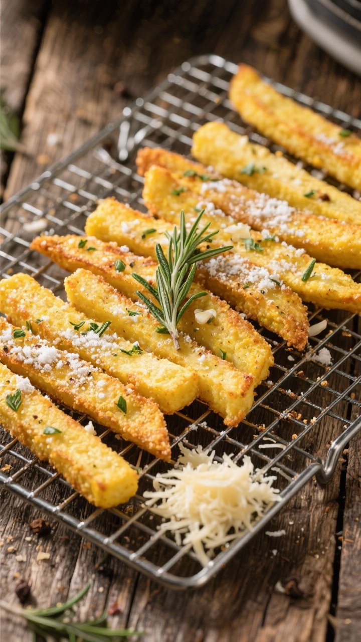 Overhead composition of crunchy polenta fries lined neatly on a wire rack, each fry dusted with cornstarch for extra crispness and seasoned with chopped fresh rosemary, garlic powder, kosher salt, black pepper; steam-kissed and golden from the air fryer; a small mound of grated Parmesan on the side for finishing, on a rustic wooden table.