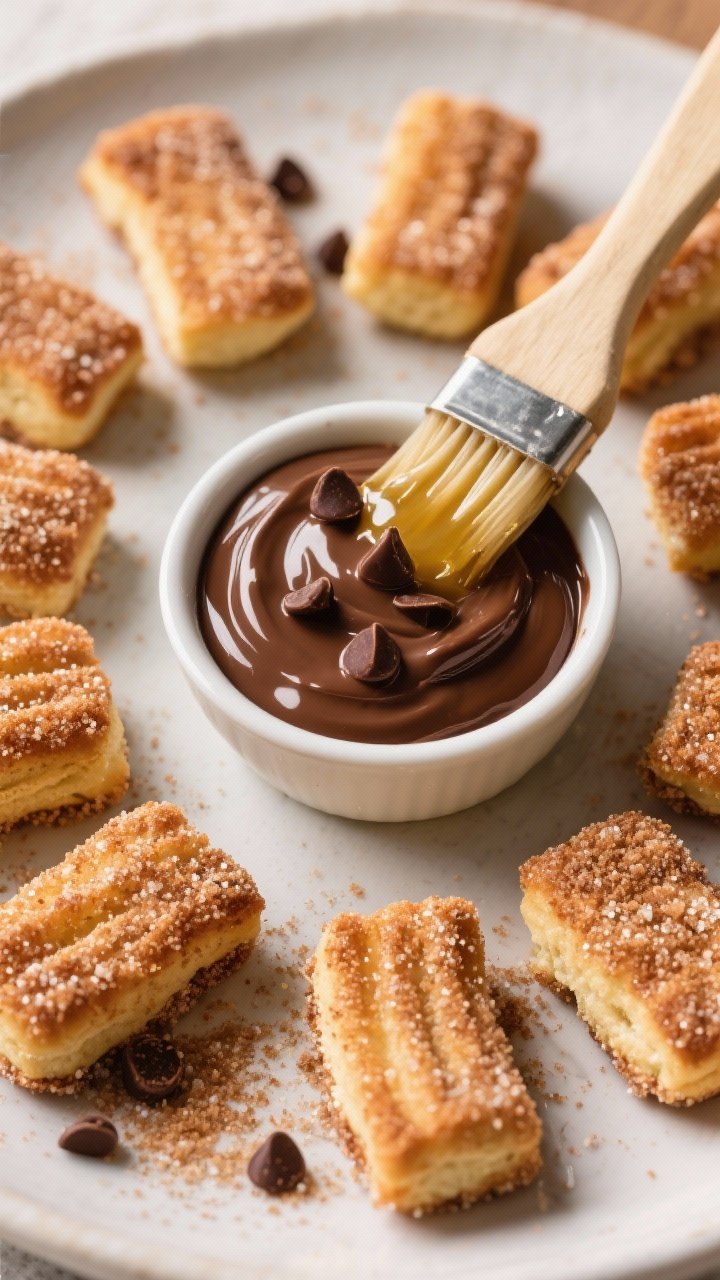 Overhead dessert dip scene: Cinnamon sugar churro bites made from biscuit dough, evenly coated in a sparkly mix of granulated sugar and ground cinnamon, arranged around a small bowl of glossy two-minute chocolate dip made from melted chocolate chips and cream; a pastry brush with melted butter nearby; warm, cozy tones.