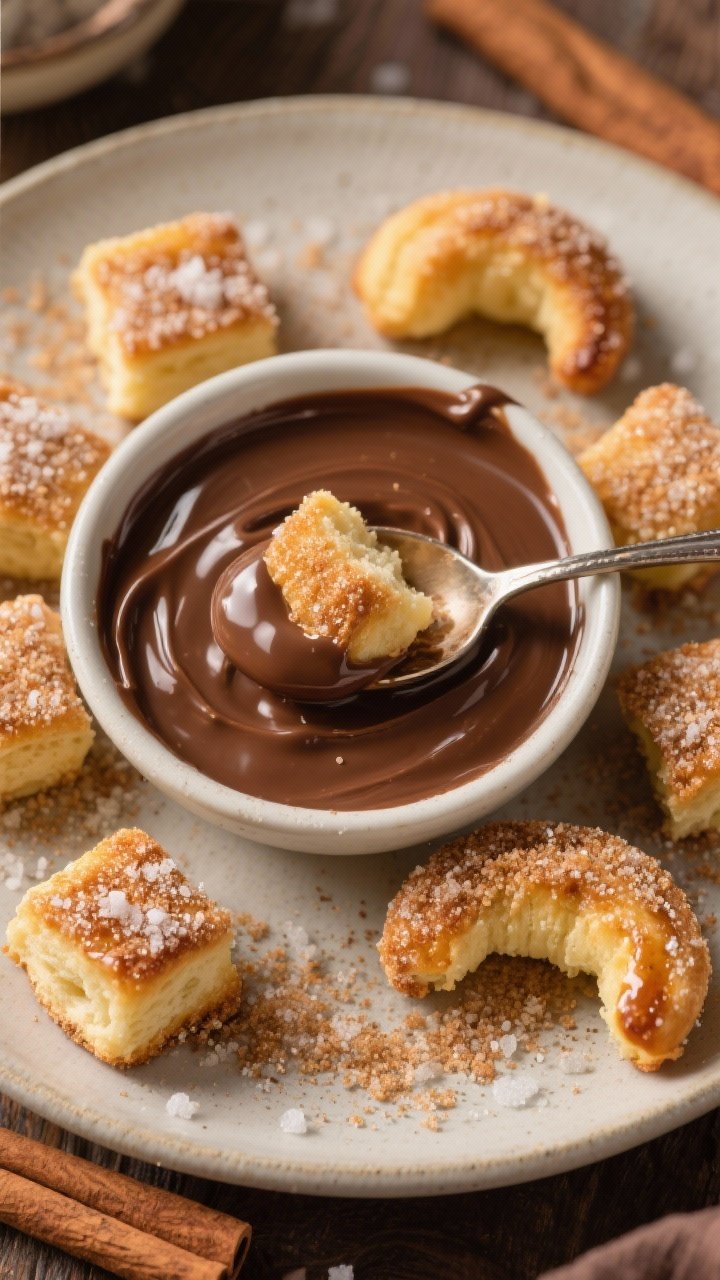 Overhead dessert scene of cinnamon sugar churro “cheater” bites: bite-sized pieces of crescent/biscuit dough tossed in a sparkling mix of granulated sugar, ground cinnamon, and a pinch of salt, butter-brushed for shine. A warm bowl of glossy semi-sweet chocolate dip sits center, with a spoon trail. A few bites dipped with sugar crystals clinging, on a neutral ceramic plate.