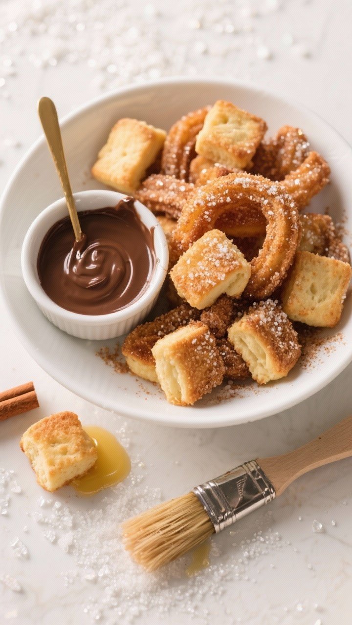 Overhead dessert shot of cinnamon sugar churro bites: biscuit dough pieces cut, air-fried until puffed and golden, then tossed in a sparkling mix of granulated sugar, ground cinnamon, and a pinch of salt; served in a white bowl with a warm chocolate dipper in a small ramekin, a brush-stroke of melted butter on a pastry brush nearby; sugar crystals catching light for a festive, indulgent look.