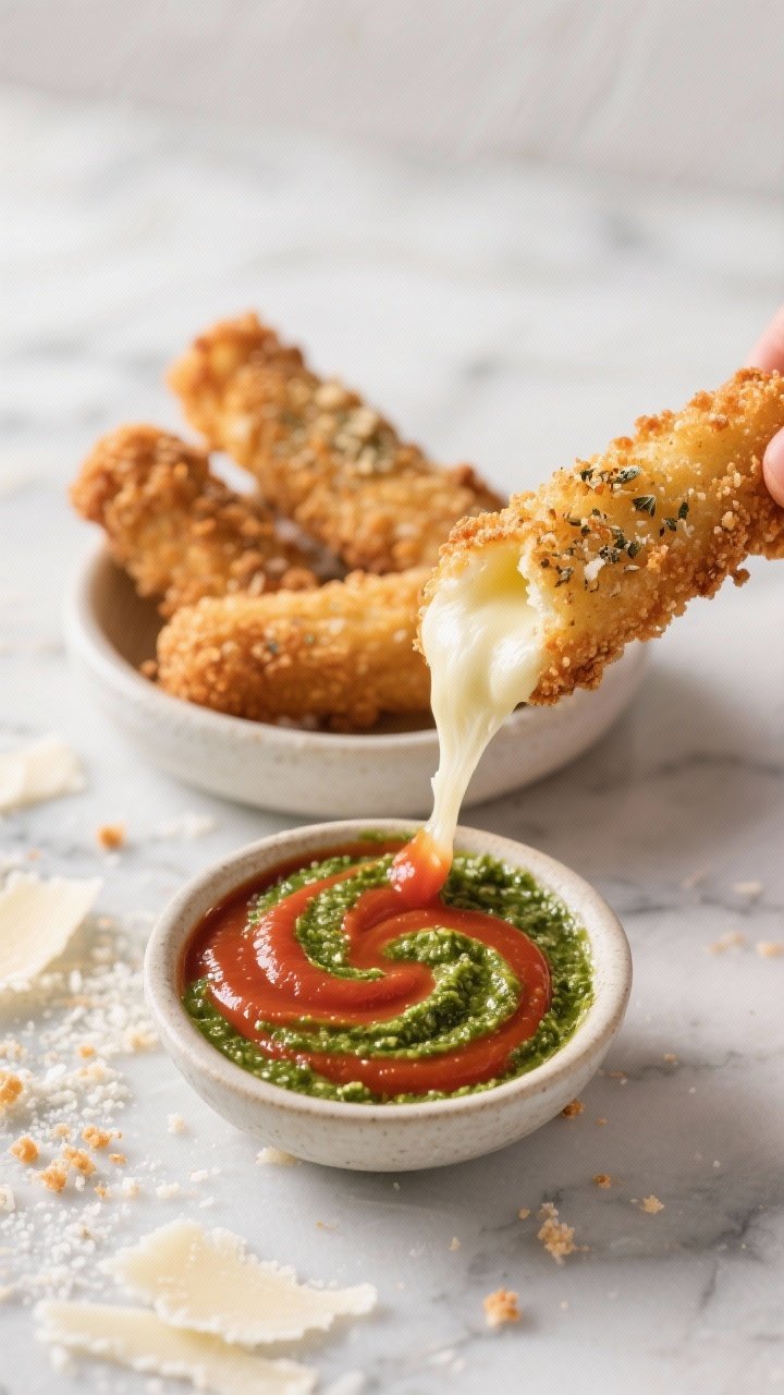 Overhead dip scene: brown butter mozzarella sticks, panko-Parmesan crusted with Italian seasoning and garlic powder, fried to deep golden with visible crunchy crumb. One stick pulled apart mid-stretch to showcase molten cheese. Two swirl dips in one shallow bowl: bright marinara and vibrant green pesto marbled together. Scattered panko and Parmesan on a cool marble surface, clean, high-contrast appetizing look.