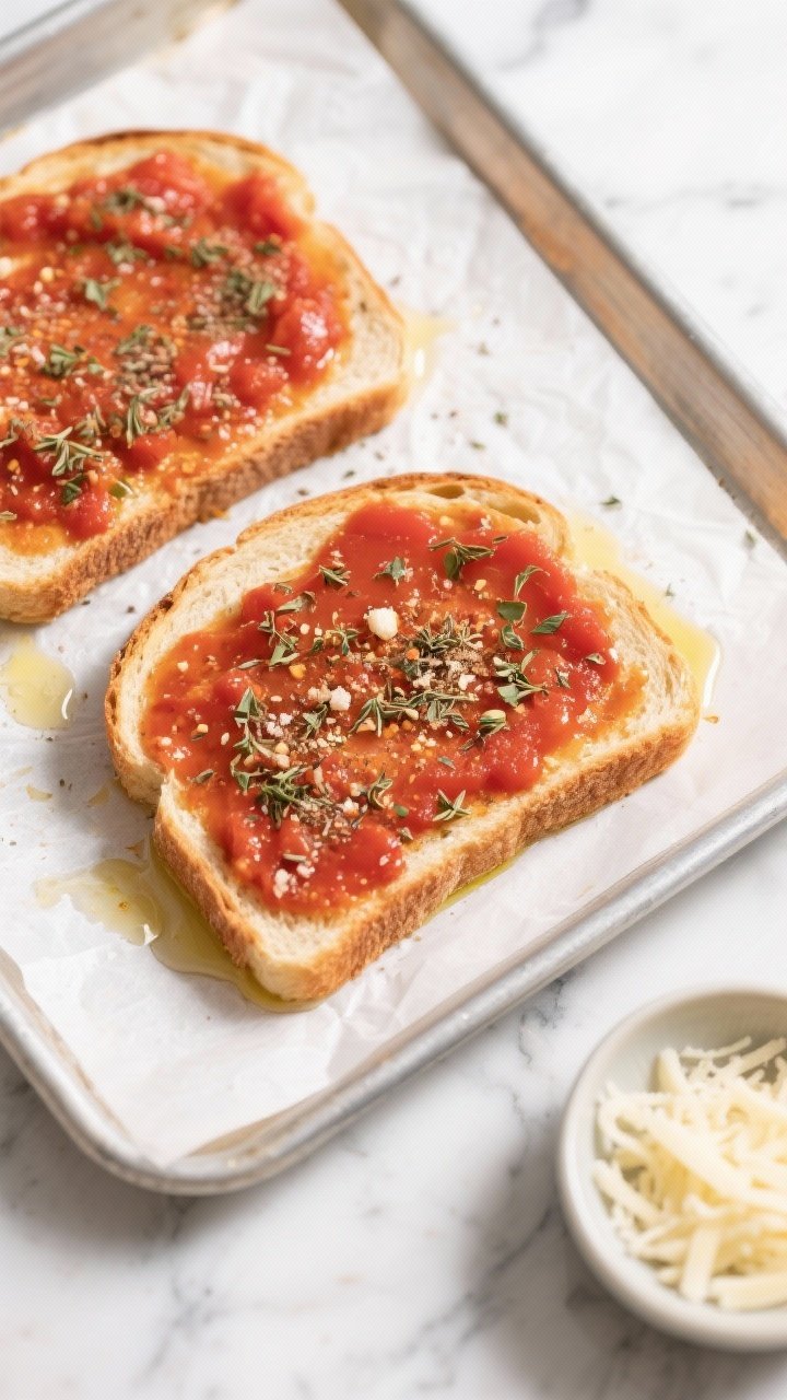 Overhead flat lay of a tomato pantry “pizza toastie” in process: two slices of bread on a parchment-lined tray, one slathered with canned crushed tomatoes seasoned with dried oregano, dried basil/Italian seasoning, garlic powder, and a tiny pinch of sugar; flecks of herbs visible, edges brushed with olive oil; optional grated cheese in a small bowl nearby; minimalist marble surface for a bright, Italian-inspired vibe.