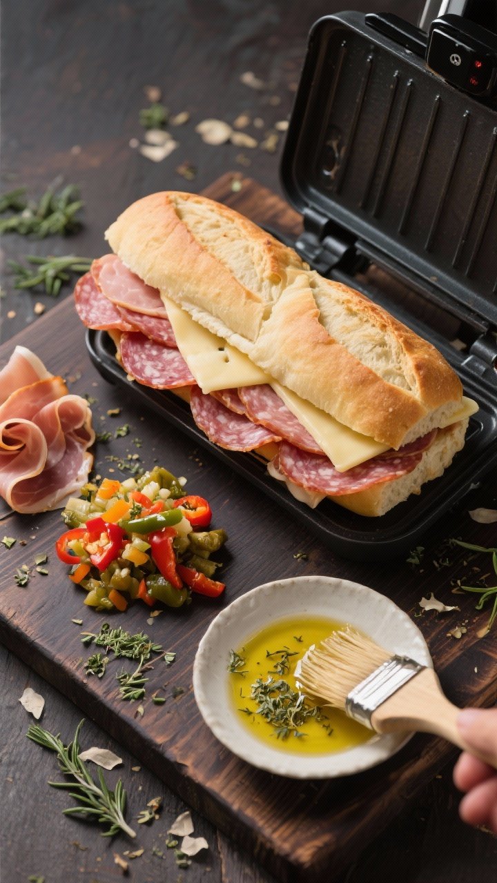 Overhead flat lay of an Italian Deli Press mise en place before pressing: split ciabatta roll, layered stacks of Genoa salami, deli ham, provolone slices, a small mound of chopped giardiniera (well-drained, colorful peppers), and a dish of olive oil/oregano for brushing. Show a brush poised with oil, a panini press or air fryer basket off to the side, on a dark wood board with scattered oregano flakes and paper-thin prosciutto-style curls of salami for texture.