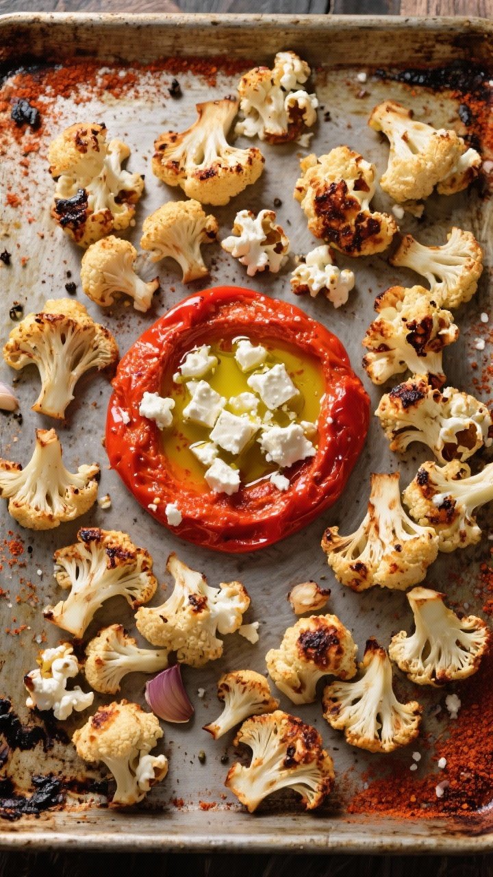 Overhead flat lay of “cauliflower popcorn” florets tossed in olive oil, smoked paprika, sweet paprika, garlic powder, onion powder, kosher salt, and black pepper, deeply roasted to mahogany edges. Centered is a vibrant roasted red pepper feta dip, crumbled feta visible on top, with a drizzle of olive oil; smoky, medium-heat atmosphere on a rustic baking sheet with charred bits and paprika dusting.
